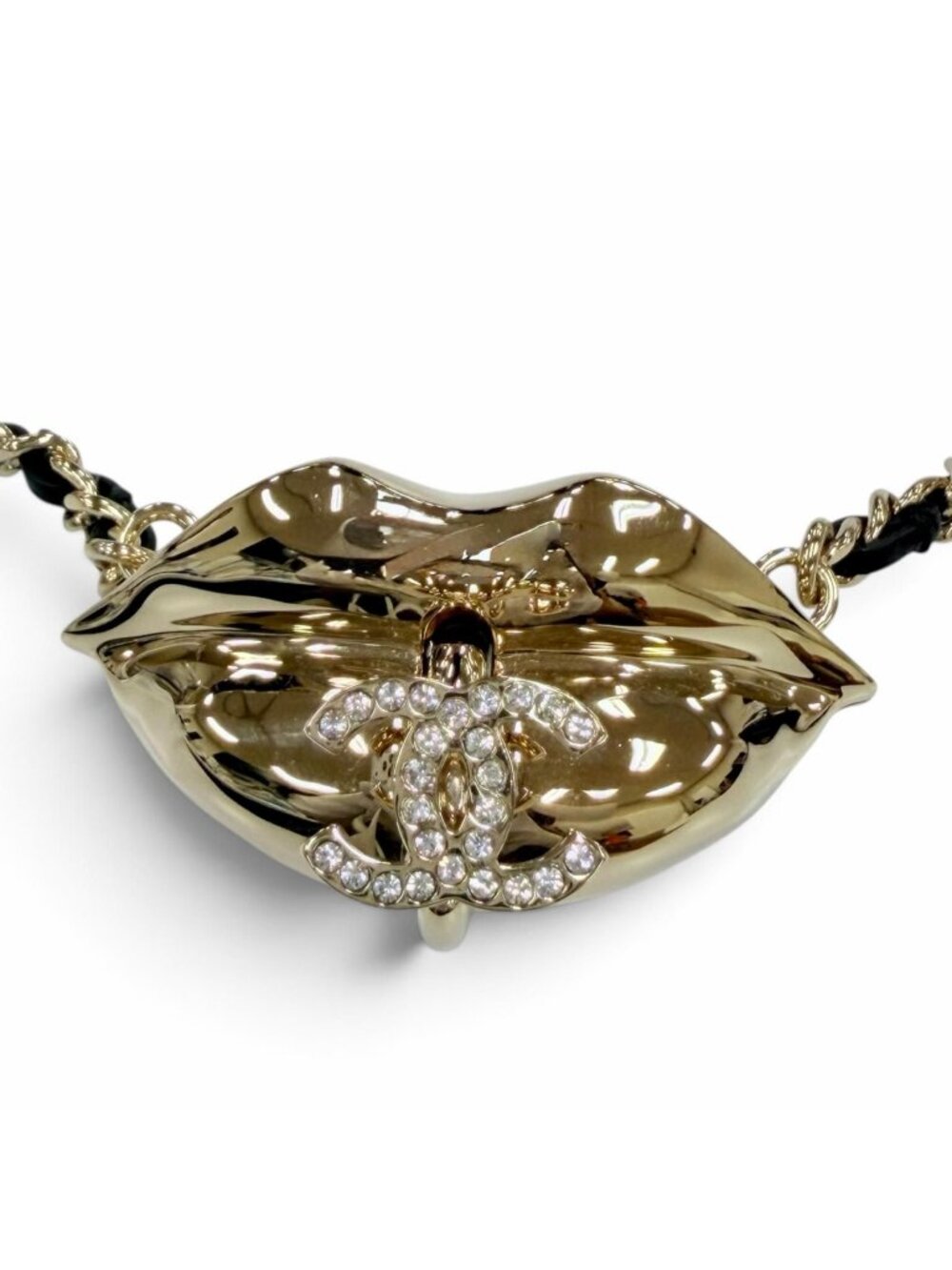 Chanel CC Logo Lip Motif Rhinestone Mirror Chain Necklace Gold Black